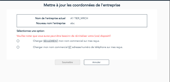  L'écran de Mettre à jour les coordonnées des d'entreprise consiste à sélectionner la meilleure option.